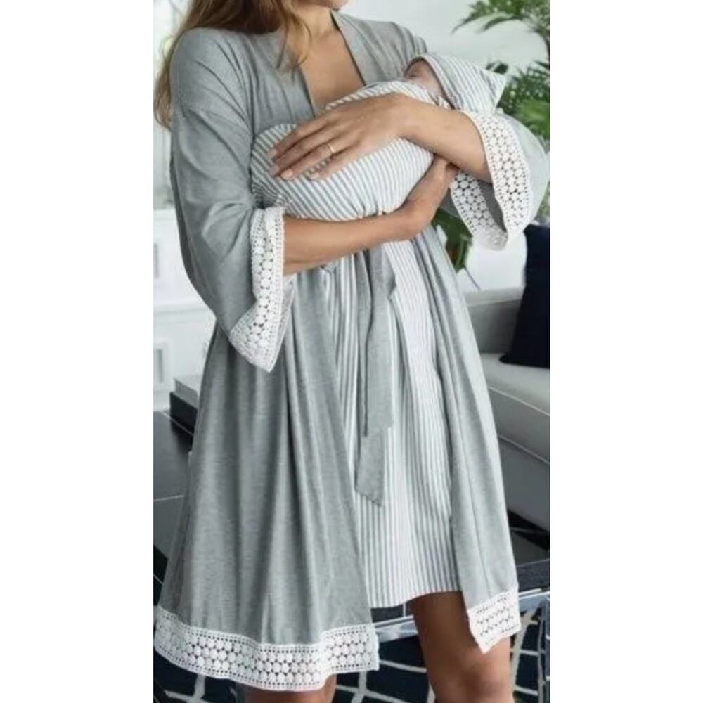 Angel Maternity Womens Sz XL/2XL Bamboo Robe Grey Crochet Trim Hospital Robe NWT